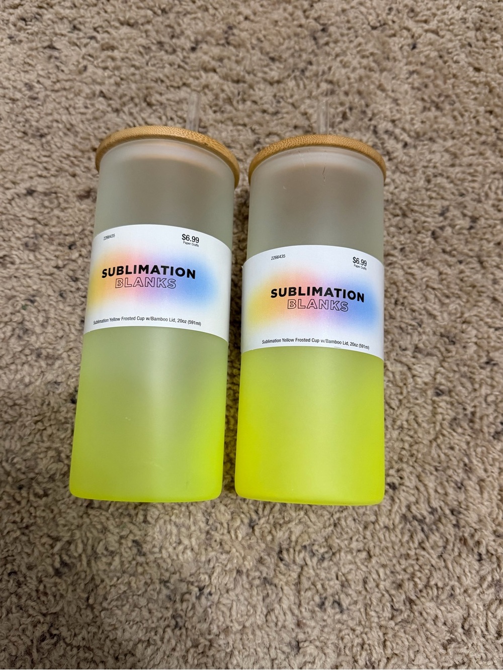 2- 20 oz Yellow Sublimation Tumblers with Bamboo Lids- Hobby Lobby